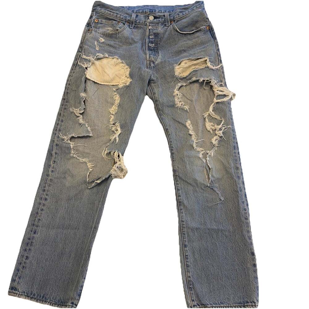 Y2KLevis 501 ButtonFly Blue Jeans W34 /L28 Funky Grunge Distressed Made 11/09